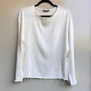 Zara Quiet Chic Modern Cream Frayed Long Sleeve Top Size M Spring/Summer Capsule